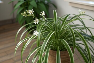 Obraz premium Spider Plant, Easy-to-Grow Houseplant for Hanging Baskets with Baby Shoots