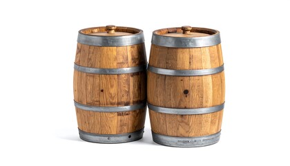 Obraz premium Two wooden barrels against white background