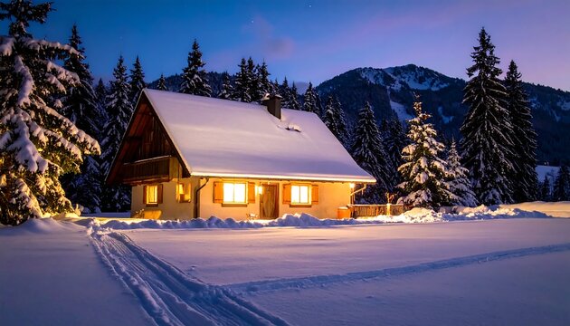 Snowy chalet at night