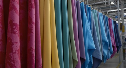 Vibrant Fabric Swatches Hanging in a Row, Colorful Textile Samples, Fashion Design, Interior Design, Material Texture