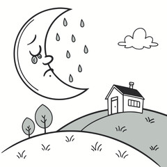 Sad moon crying over a house on a hill