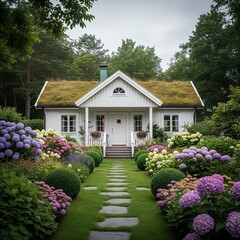White Cottage with Green Roof and Blooming Hydrangea Garden