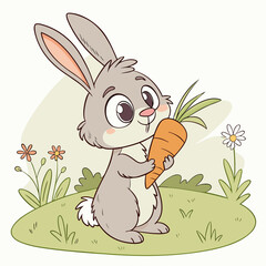 Cute cartoon bunny holding a carrot in a grassy meadow ready for springtime and Easter designs