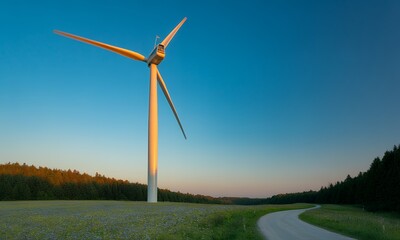 Wind Turbine Energy Generation at Sunset, Clean Power, Renewable Energy Source
