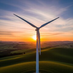 Wind Turbine at Sunset Over Rolling Hills Clean Energy, Renewable Power, Green Technology Image