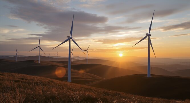 Wind Turbines on Rolling Hills at Sunset Clean Energy Landscape Photography