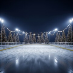 Winter Ice Rink at Night, Festive Lights, Christmas Trees, Snowy Scene, Holiday Season, Winter Wonderland, Ice Skating, Outdoor Recreation, Cold Weather, Night Scene, Illuminated, Festive Decoration