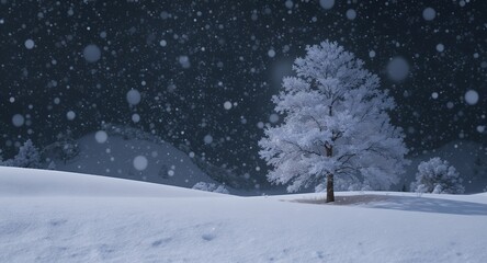 Winter landscape, snow falling, single tree, snowy hills, night scene, winter wonderland, cold weather, frozen tree, peaceful scene, serene nature, winter background, holiday scene, Christmas bac
