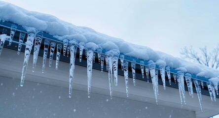 Winter Icicles Hanging from Roof Edge, Snow Covered Gutter, Cold Weather Image for Weather Reports, Winter Background, Frozen Water, Ice Formations, Seasonal Photography