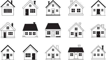 Diverse collection of simple black and white house icons with varying architectural styles Keywords: house, home, building, architecture, residential