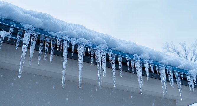 Winter Icicles Hanging from Roof Edge, Snow Covered Gutter, Cold Weather Image for Weather Reports, Winter Background, Frozen Water, Ice Formations, Seasonal Photography