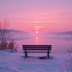 Winter Sunrise Landscape with Empty Bench on Snowy Shore