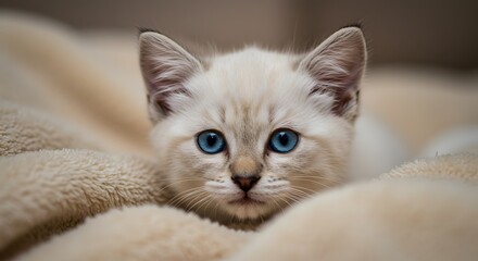 Cute baby cat. Close up of cute baby kitten with big blue eyes resting on soft blanket, perfect for posters, websites, and pet-related projects.