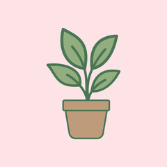 A simple plant pot illustration in a flat design style. It features a brown pot and a green plant with a few leaves. The soft pink background creates a minimalist and aesthetic feel.