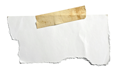 A torn piece of white paper with a tan adhesive tape