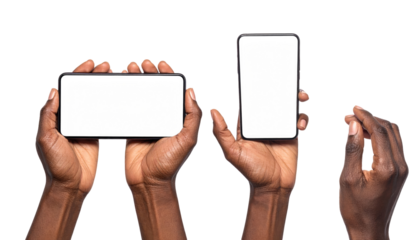 Hands holding two different sized smartphones, blank screens