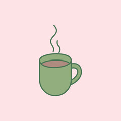 Illustration of a green cup filled with a hot drink with steam rising from it. The simple flat design style and soft pink background create a warm and relaxed feel.