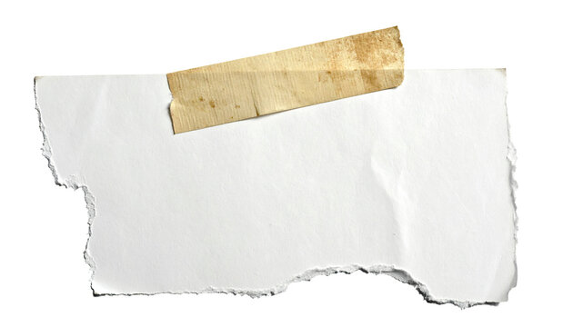 A torn piece of white paper with a tan adhesive tape
