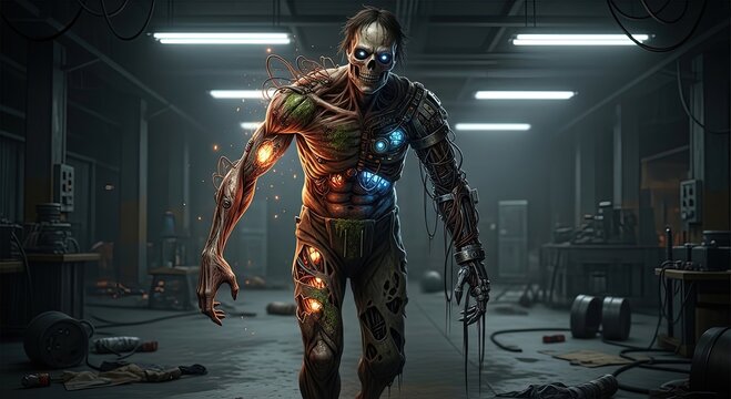 Terrifying cyborg zombie emerges from dark industrial workshop, glowing eyes and mechanical parts