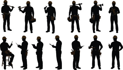 Silhouettes of construction workers wearing helmets, holding tools, using mobile devices, showing teamwork, safety, labor, professionalism, and building industry concepts.