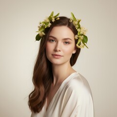 Woman with flower crown, beauty portrait, elegant, natural, skincare, fashion, hair, cosmetics, spring, summer, floral, model, attractive, pretty, beautiful, healthy, fresh, clean, gentle, serene