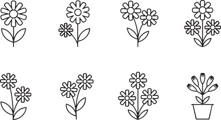 Set of Simple Outline Flower Icons with Stems and Leaves on White Background Keywords: flower, icon, outline, simple, daisy, blossom, bloom, plant