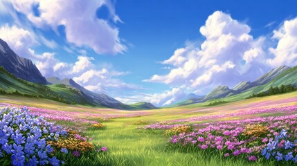 Fototapeta premium Expansive colorful meadow filled with vibrant flowers under a bright blue sky with fluffy clouds