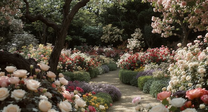 A winding garden path bordered by colorful rose bushes and lush greenery