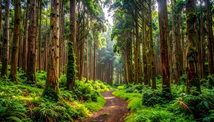 Obraz premium Lush forest path bathed in sunlight