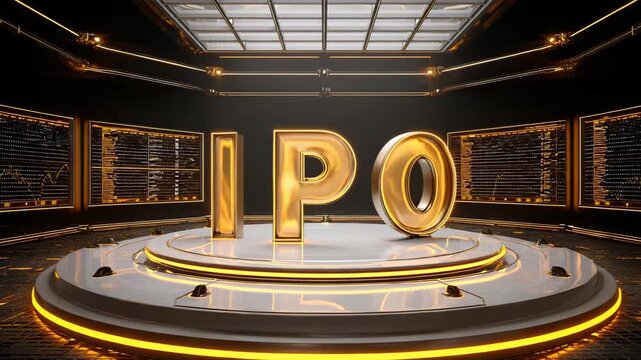 Golden IPO Announcement in Futuristic Trading Room with Data Displays