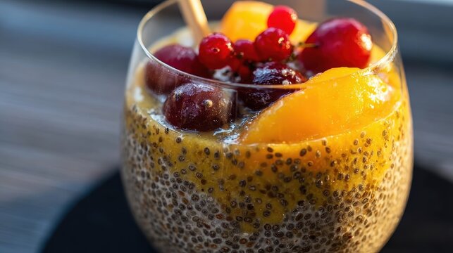 Golden chia seed smoothie with berries on wooden tray, healthy eating ideal for nutrition guides, breakfast concepts, vegan living, and food photography