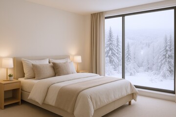 Fototapeta premium Cozy Bedroom Interior with Winter Forest View: A Serene and Modern Retreat Design