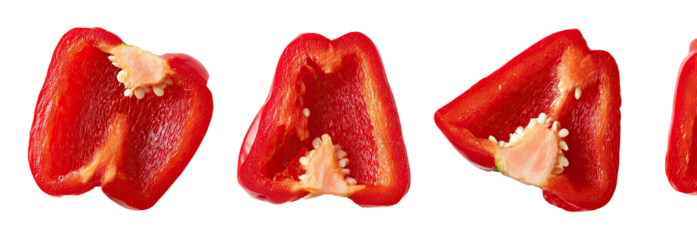 Four red bell pepper halves,?isolated on black
