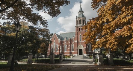 Naklejka premium Autumnal Church with Steeple and Colorful Trees