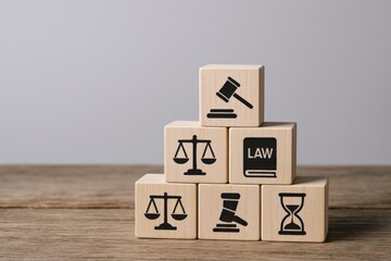 Wooden Blocks with Law and Justice Symbols: Legal Concept and Principles Presentation on Gray Background