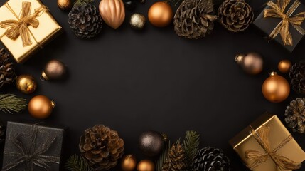 Gold and black Christmas ornaments flat lay with pine cones, holiday theme ideal for Christmas designs, home decor, festive promotions, and winter scenes