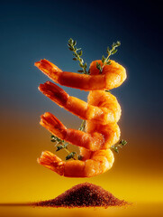 Creative Food Art with Fried Shrimp and Spices on Gradient Background