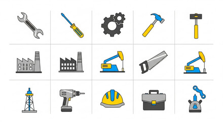 Obraz premium Industrial tools and equipment icons, perfect for engineering, construction, and manufacturing themed designs