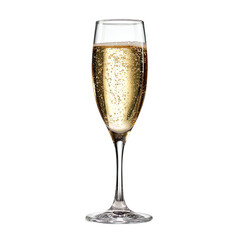 Champagne flute, filled with bubbly, golden liquid