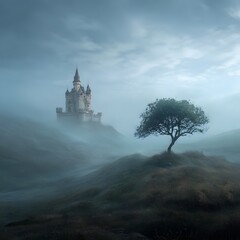 Ethereal Castle on Hill with Tree in Foggy Landscape