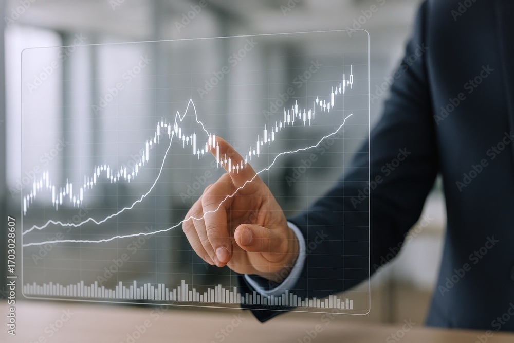 Poster financial growth analysis: businessman interacting with interactive data visualization displaying ma