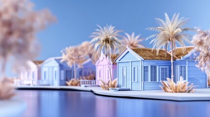 Colorful pastel houses along a serene lake, surrounded by palm trees and soft foliage, creating a tranquil scene