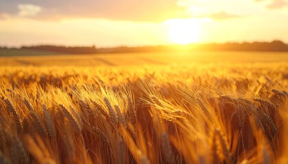 Obraz premium Golden wheat field bathed in the warm glow of a setting sun.