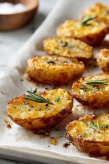 Fototapeta premium Golden Potato Skins with Rosemary and Salt Flakes on Parchment Paper, Appetizing Presentation
