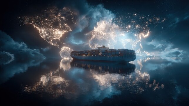 Global Logistics: A Container Ship Navigating Illuminated World Map Reflections on Calm Ocean Waters Under Cloudy Night Sky - Powered by Adobe
