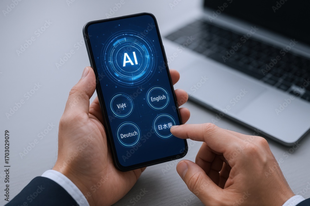 Poster man using ai-powered translation app on smartphone for multilingual communication and global connect