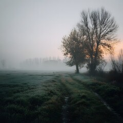 Misty Countryside Landscape with Path and Trees at Dusk
