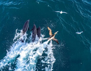 Obraz premium Dolphins and birds in the ocean
