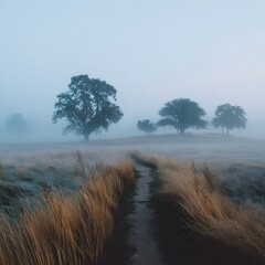Ethereal Misty Landscape with Pathway Leading to Distant Trees
