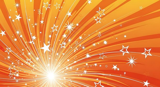 Radiant burst of energy with stylized stars and dynamic linear patterns on orange background